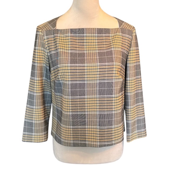 Rachel Zoe Long Sleeved Blouse Size 6 Yellow Black Plaid Zipper Back Square Neck - Picture 1 of 10